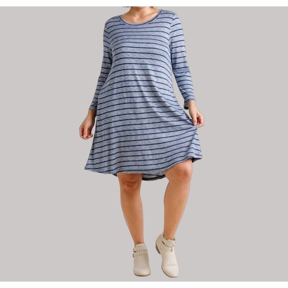 Umgee USA Womens Striped‎ T Shirt Dress Long Sleeve Relaxed Casual Coastal Beach